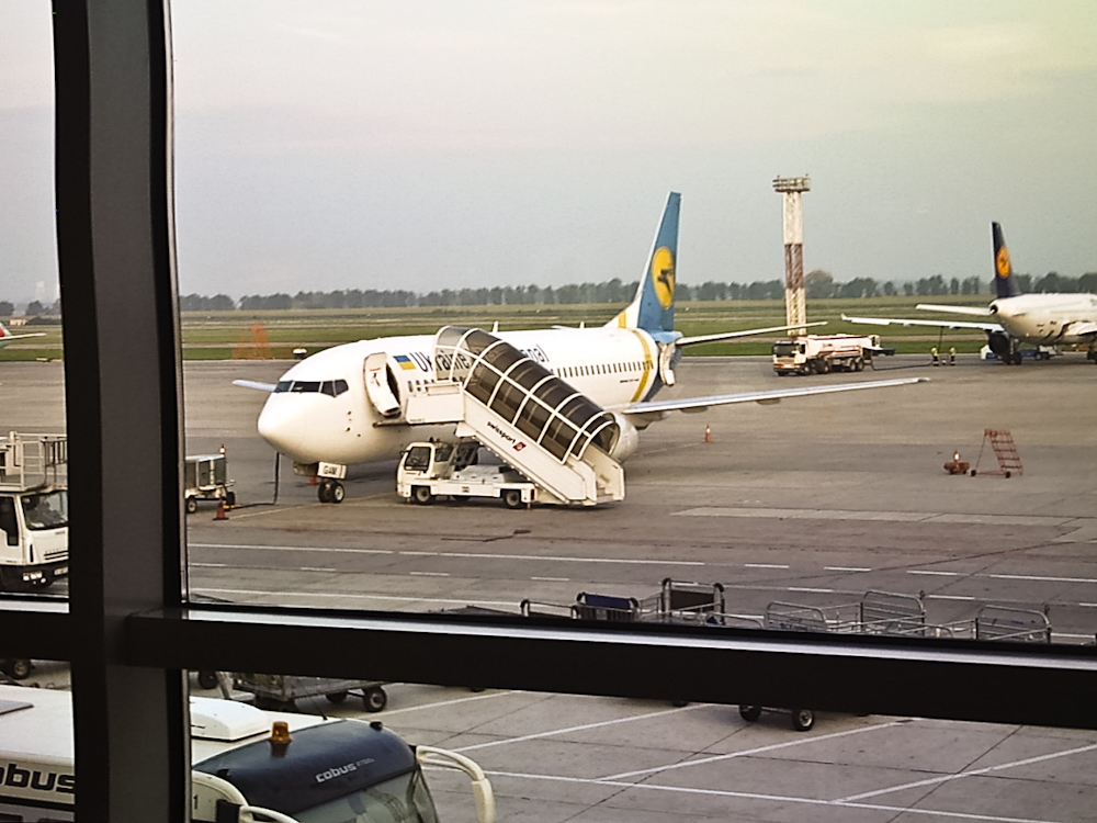 view of plane on the tarmac at Kiev's BSP airport