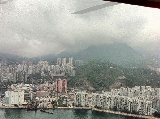 Even on a cloudy day Hong Kong's harbor is impressive by helicopter