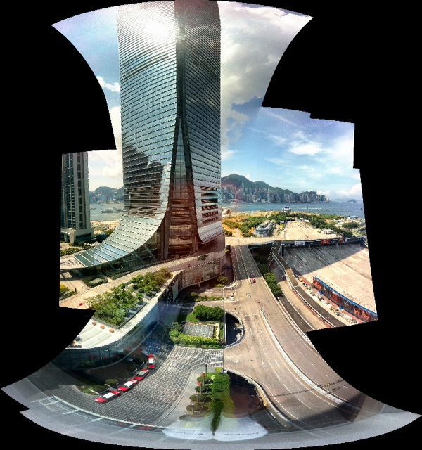 An auto stitch panorama of The Ritz-Carlton Hong Kong, the highest hotel in the world at 102 stories (mobile photography, auto stitch)