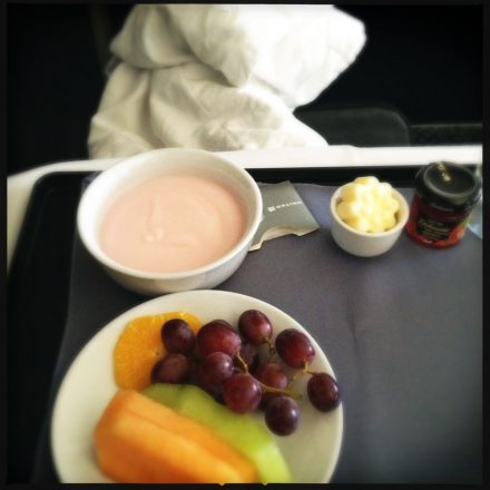 Fruit and yogurt. United business class. PS service LAX-JFK