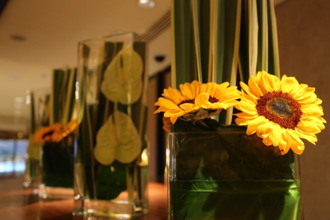 Sunflowers grace the lobby of the Landmark Mandarin Oriental (add hyperlink) in Hong Kong. (image shot with my Fuji X100)