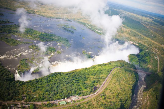 Vic Falls from a helicopter with bridge