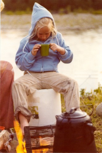 Inspecting my tea for bugs on a rafting trip on the Salmon river 