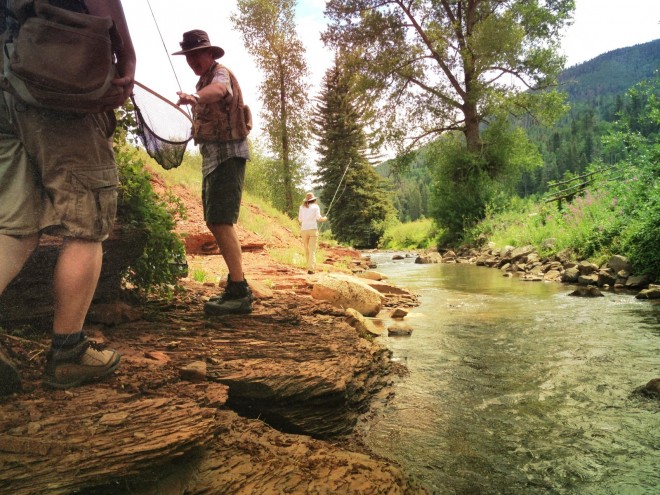 Fly fishing along the bank of the west fork of the Dolores river